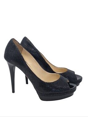Jimmy Choo London Black Glitter Peep Toe Platform Pumps Heels Size 39.5